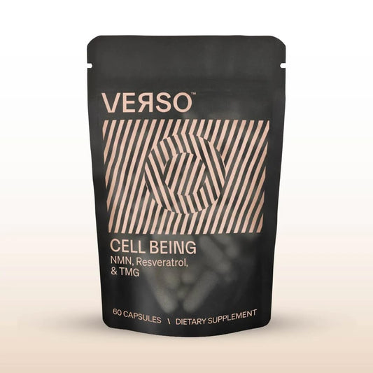 Verso Cell Being bottle closeup highlighting a NAD+-supporting formula for daily energy.