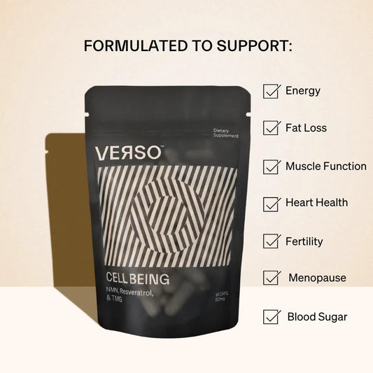 Verso Cell Being capsules inside highlighting NMN, resveratrol, and TMG for energy and metabolism.