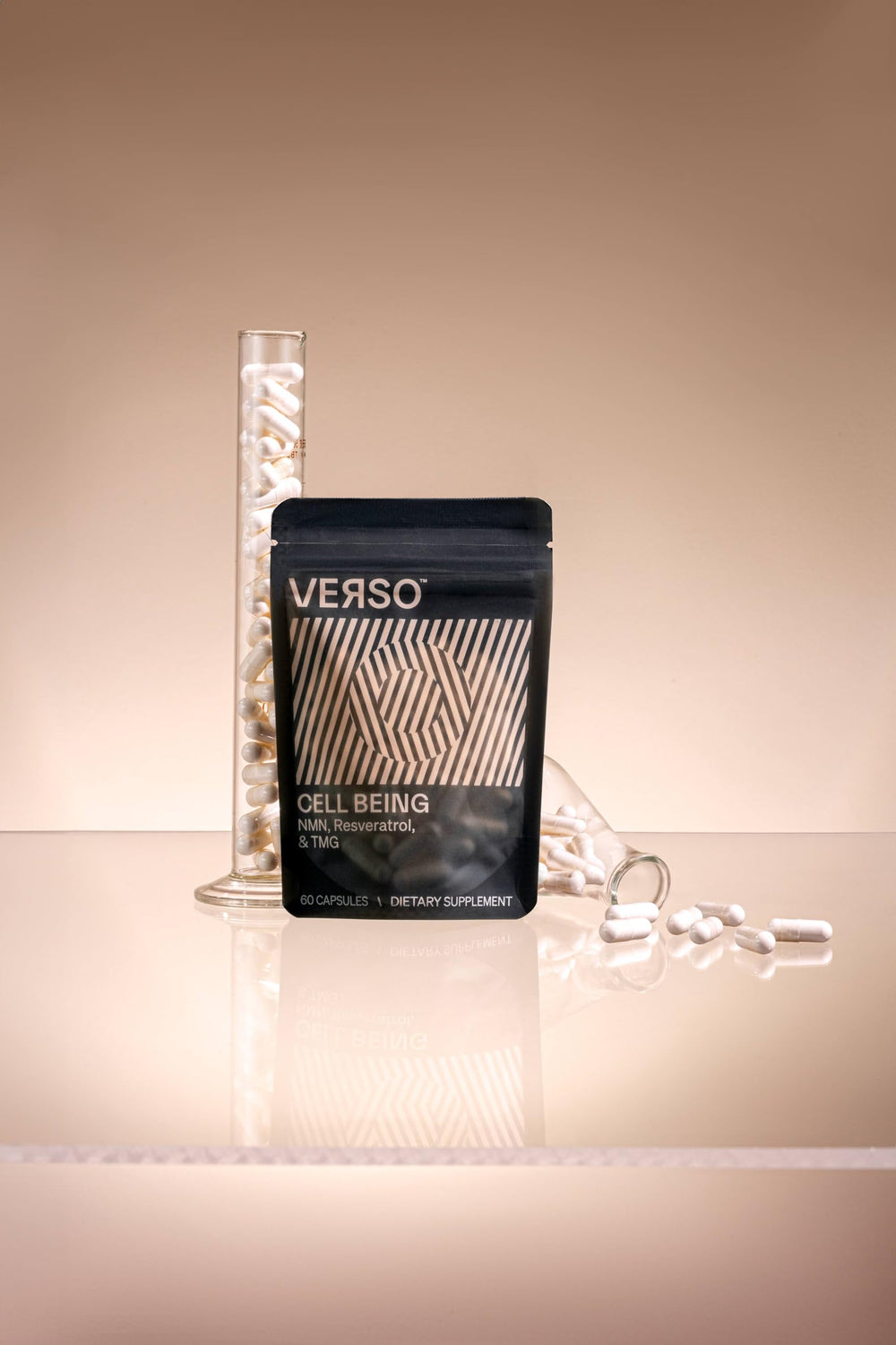 Verso Cell Being label detail emphasizes dosage and key ingredients for the day.