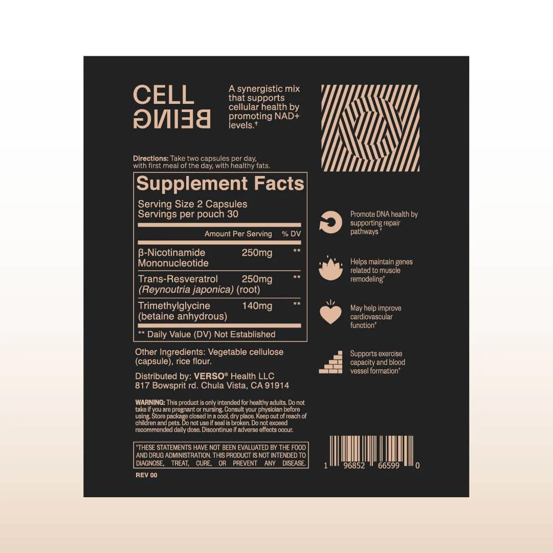 Verso Cell Being packaging front showing 60 capsules per pack and clean ingredients.