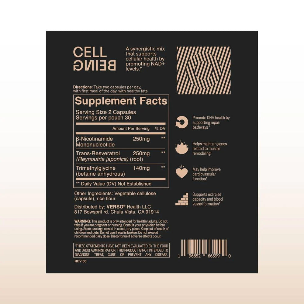 Verso Cell Being packaging front showing 60 capsules per pack and clean ingredients.