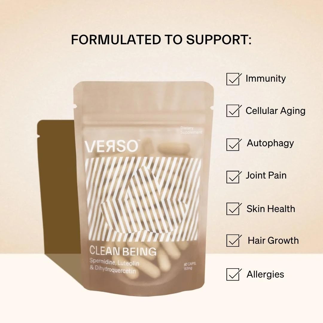 Verso Clean Being Spermidine capsules closeup showing smooth capsules and plant-based ingredients.