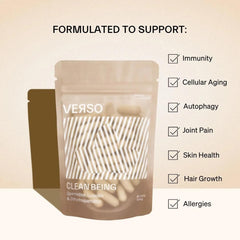 Verso Clean Being Spermidine capsules closeup showing smooth capsules and plant-based ingredients.