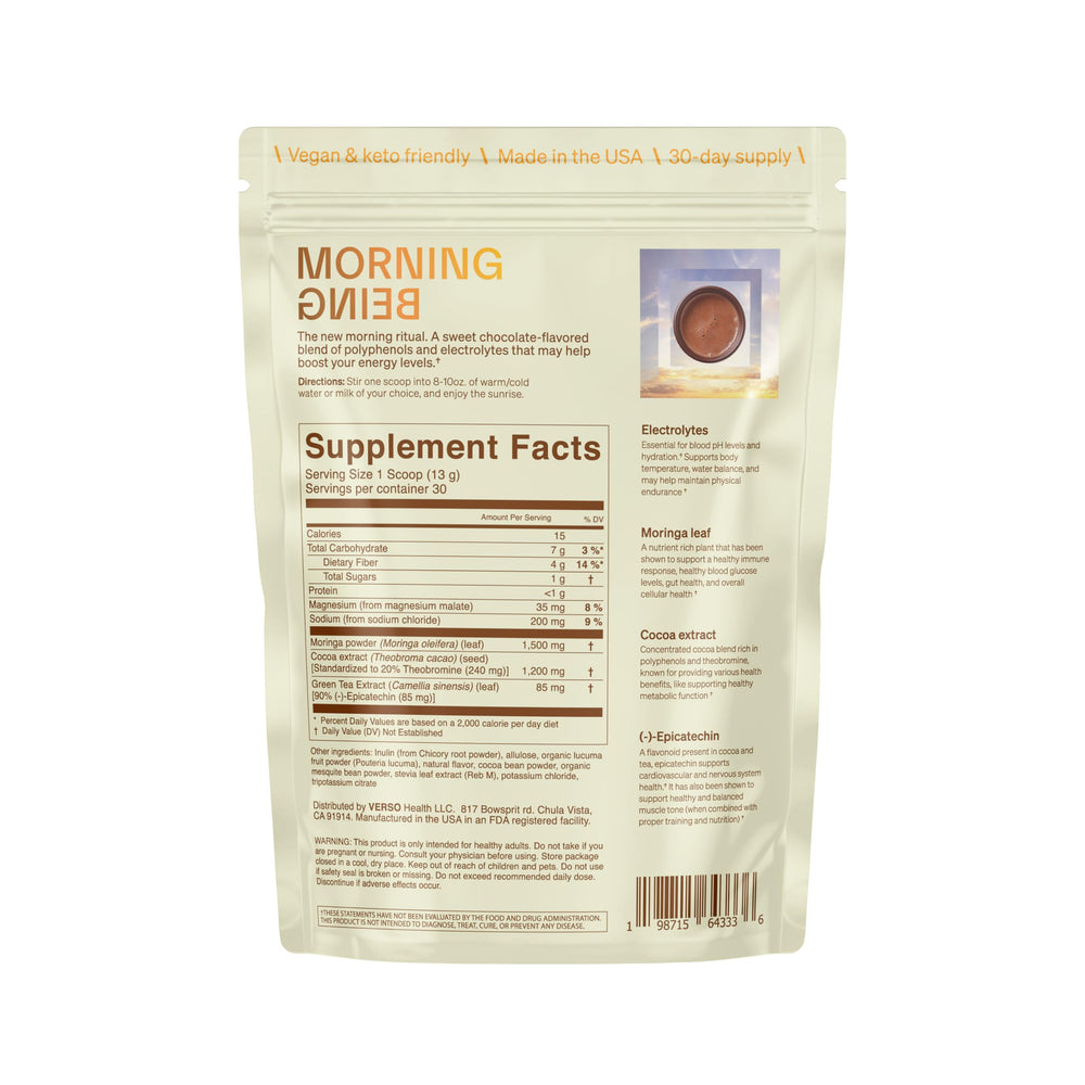 Verso Morning Being pour into a glass demonstrates quick hydration and focus support.