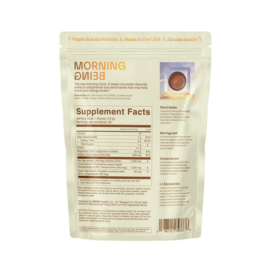 Verso Morning Being pour into a glass demonstrates quick hydration and focus support.