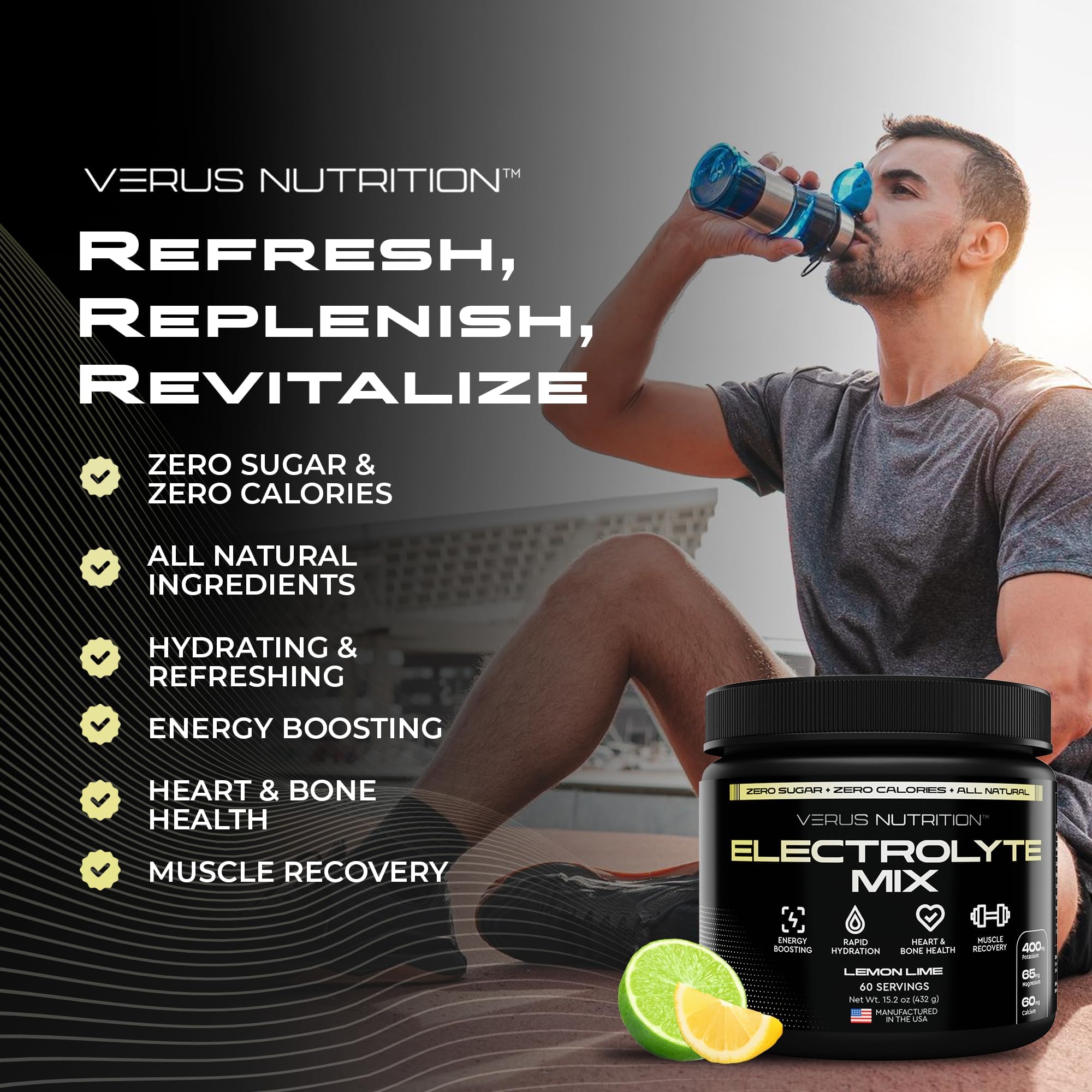 VERUS NUTRITION electrolytes flavor Lemon Lime provides crisp taste and minerals.