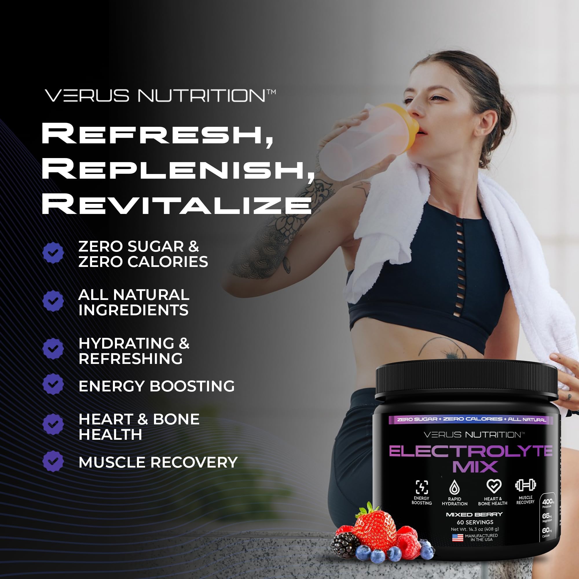 VERUS Nutrition electrolytes powder 60 servings label for long-lasting hydration