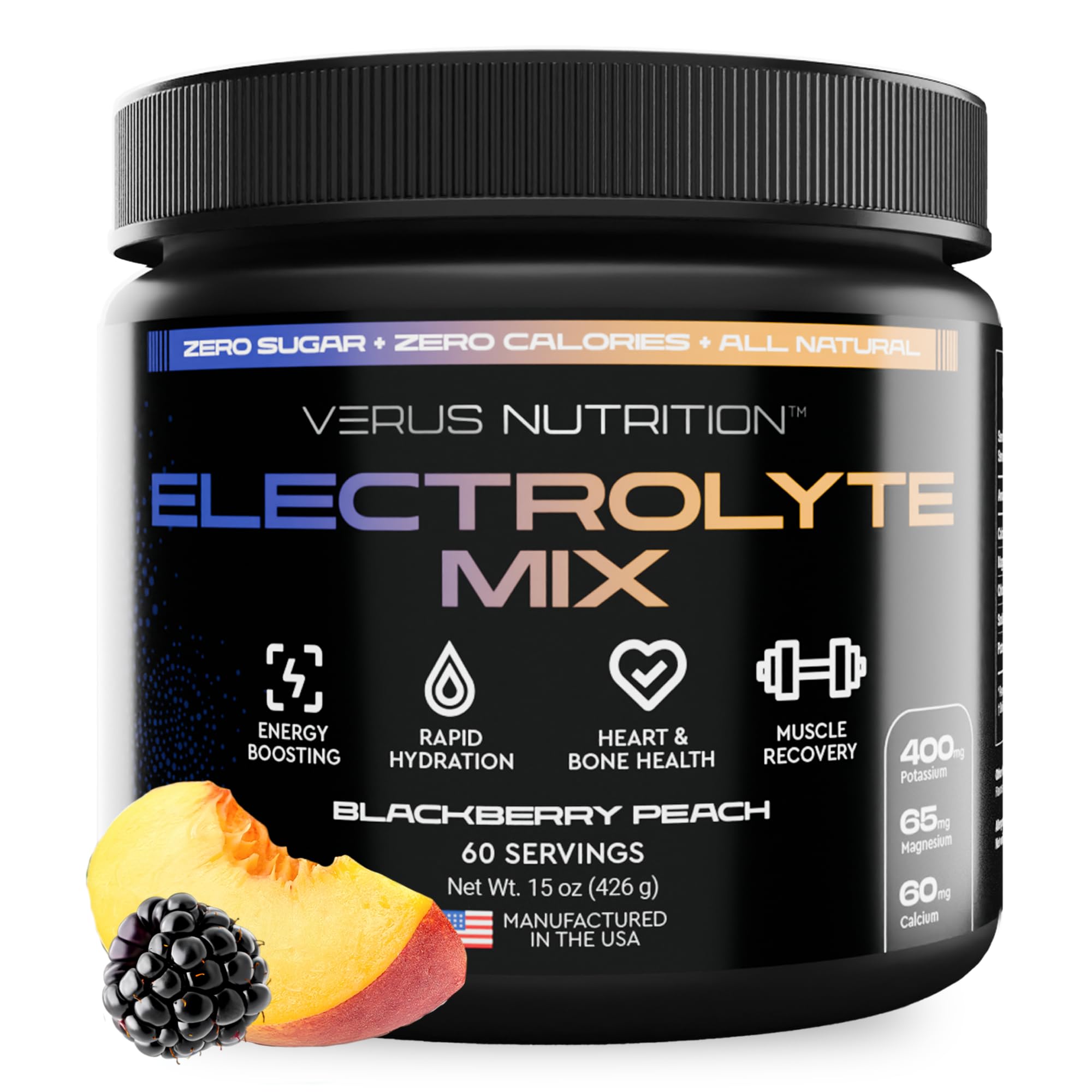 VERUS NUTRITION Electrolytes Powder blackberry peach bottle for refreshing hydration during workouts
