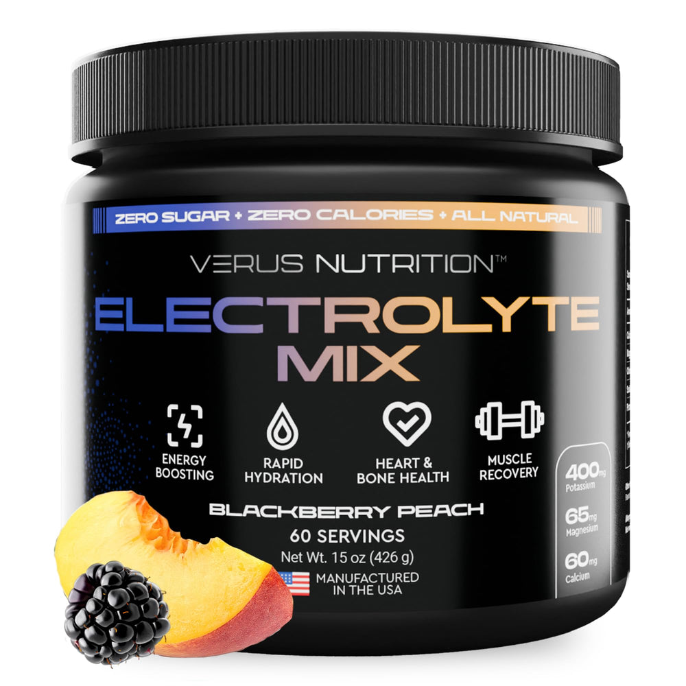 VERUS NUTRITION Electrolytes Powder blackberry peach bottle for refreshing hydration during workouts