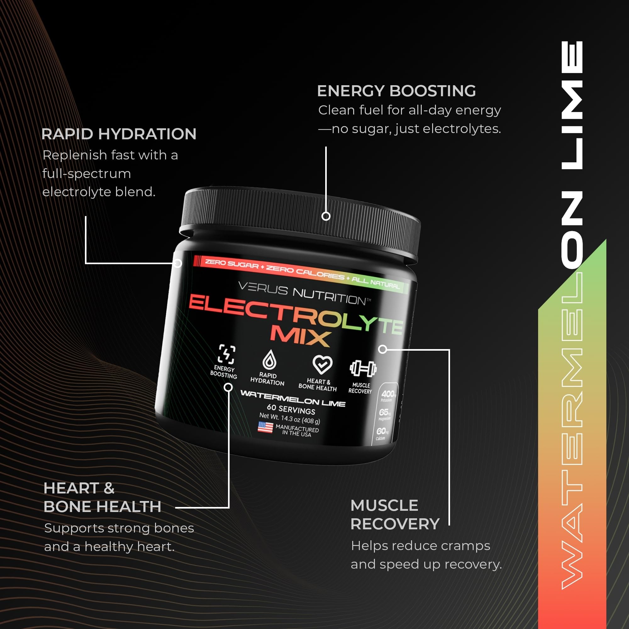 VERUS NUTRITION hydration glass showcasing watermelon-lime flavor and active lifestyle