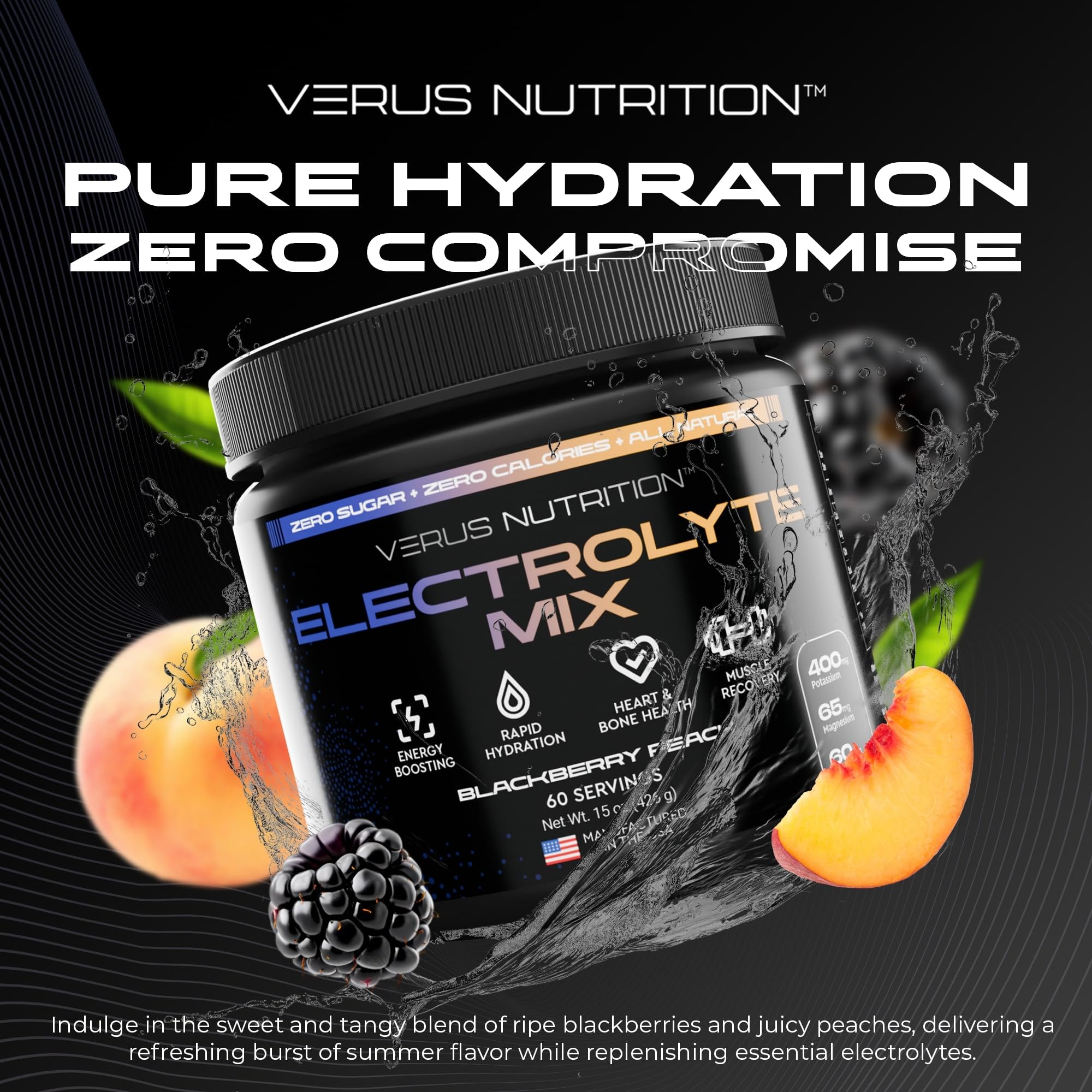 Label highlights electrolytes ingredients: calcium, magnesium, potassium for balanced hydration