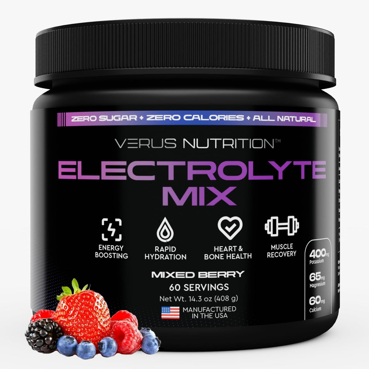 VERUS Nutrition electrolytes powder mixed berry bottle for refreshing sugar-free hydration