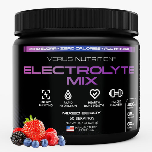 VERUS Nutrition electrolytes powder mixed berry bottle for refreshing sugar-free hydration