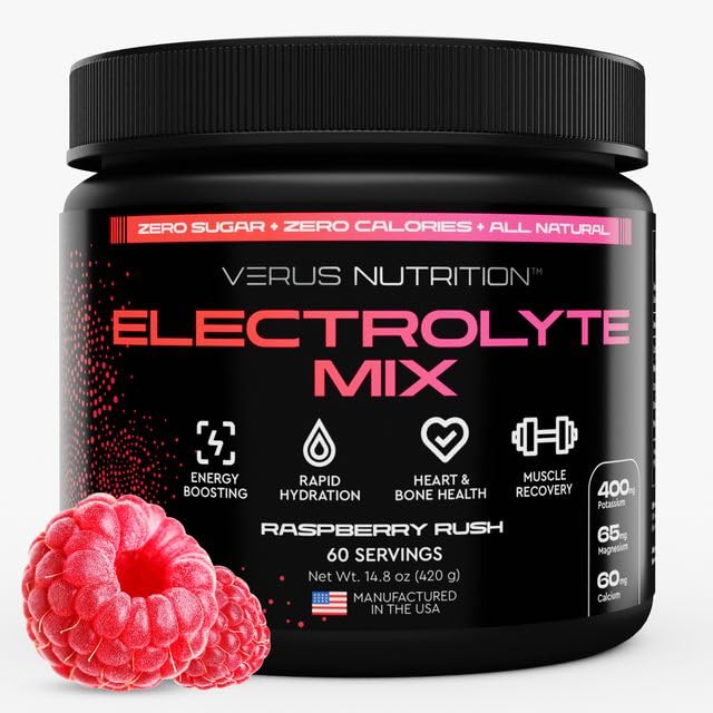 VERUS NUTRITION electrolyte powder strawberry lemonade bottle for refreshing hydration everywhere.