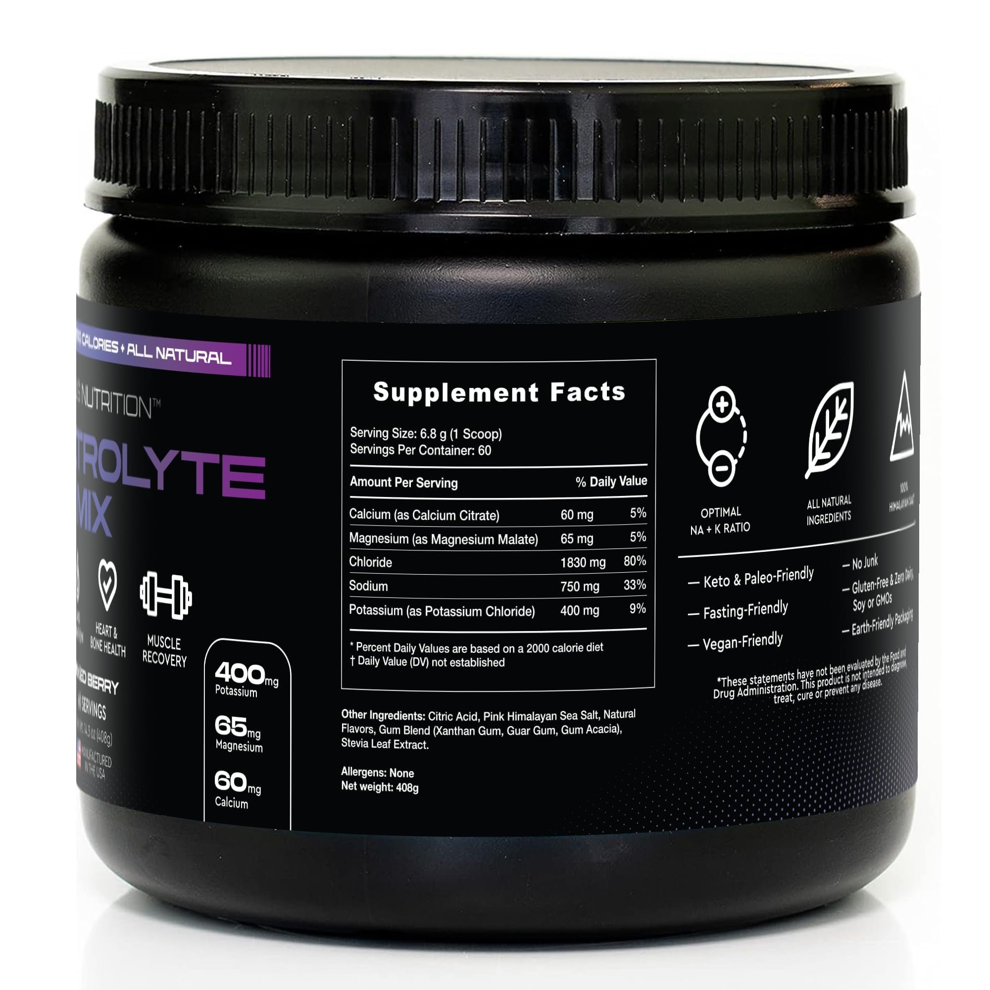 VERUS Nutrition electrolytes powder vegan-friendly label emphasizes plant-based hydration