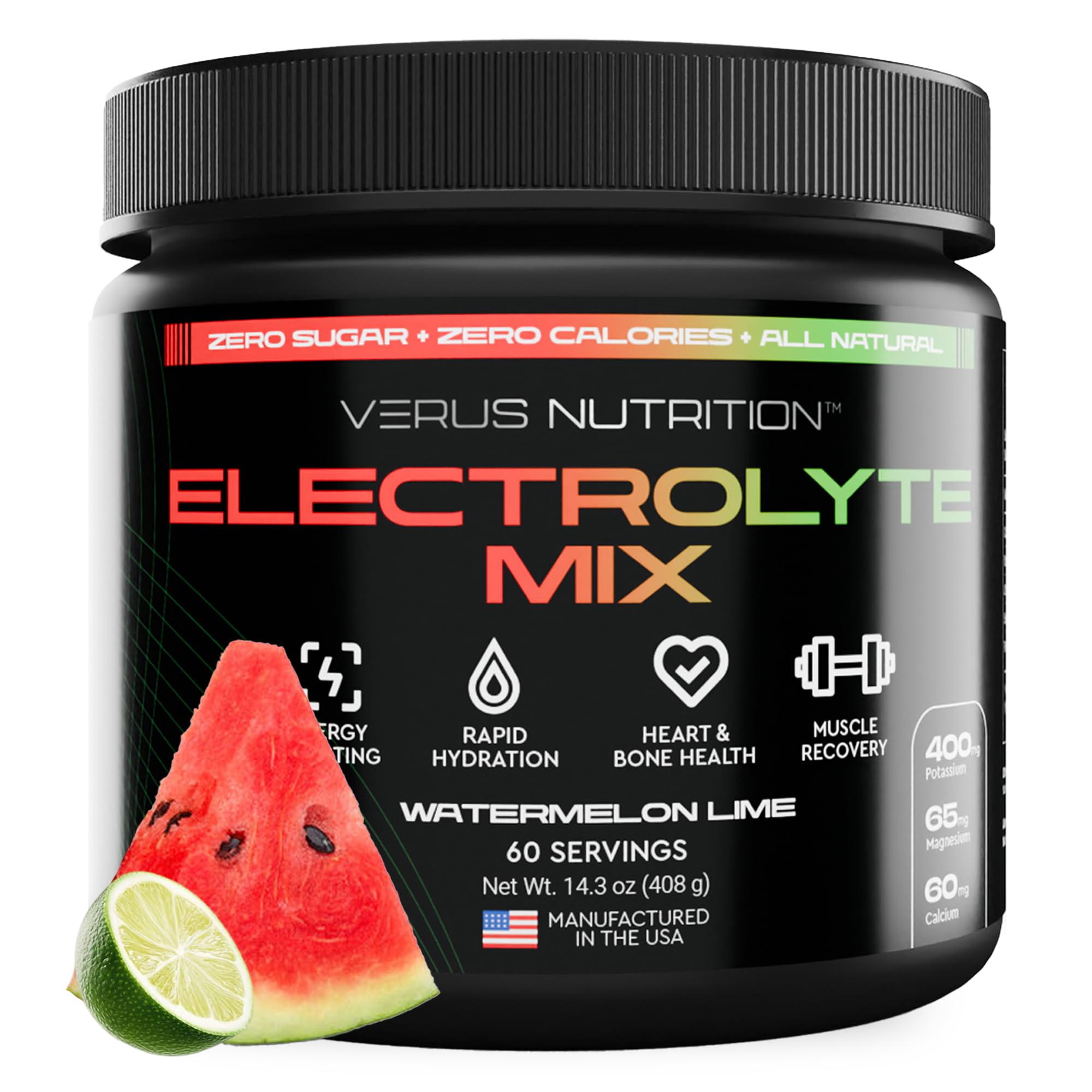 VERUS NUTRITION electrolytes powder tub with watermelon-lime flavor for refreshing hydration