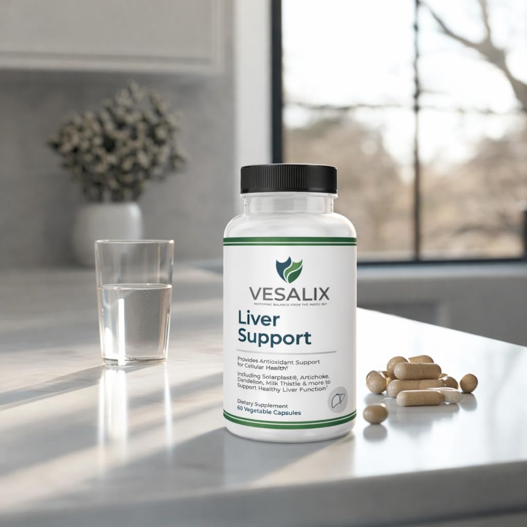 Two capsules beside water, illustrating daily dosage with Vesalix