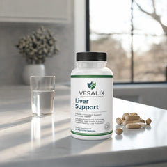 Two capsules beside water, illustrating daily dosage with Vesalix