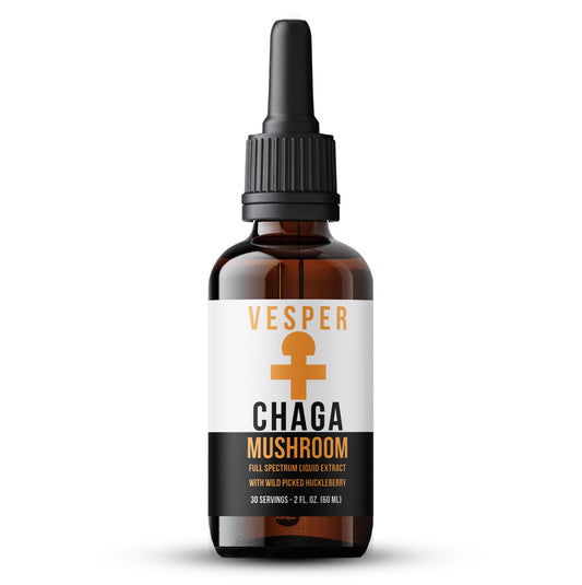 Vesper Chaga bottle with wild huckleberries, antioxidant support.