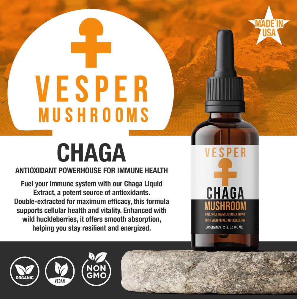 Vesper Chaga drops dispensed for easy daily use.