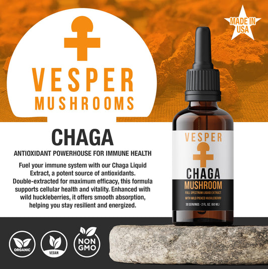 Vesper Chaga drops dispensed for easy daily use.