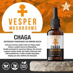 Vesper Chaga drops dispensed for easy daily use.