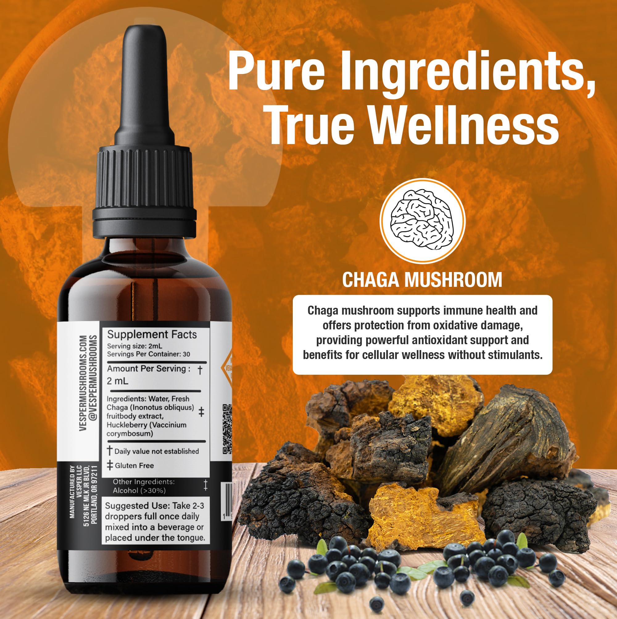 USA-grown Vesper Chaga mushrooms emphasize purity.