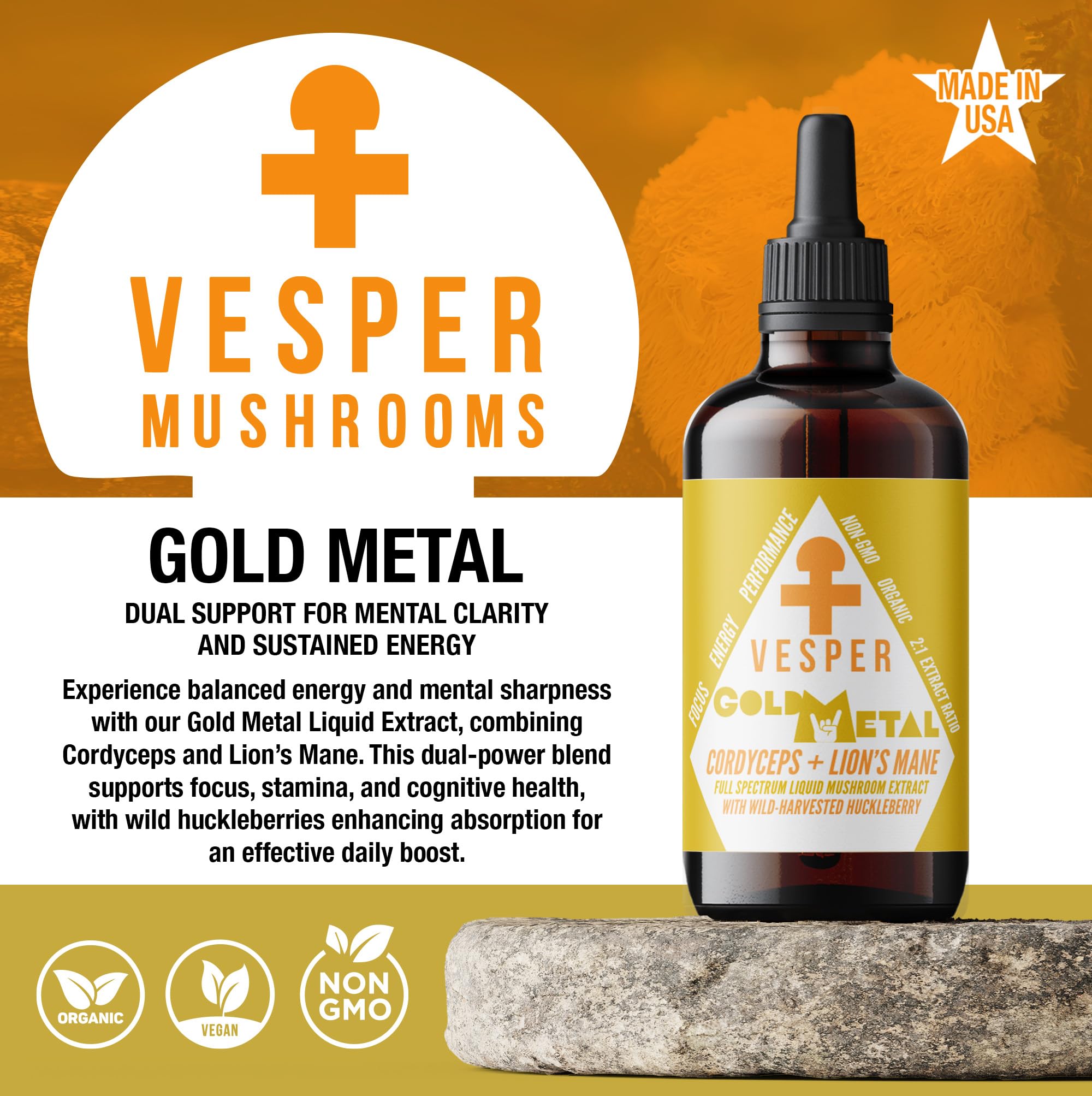 Vesper Gold Metal wild huckleberry infusion bottle highlighting natural antioxidants.