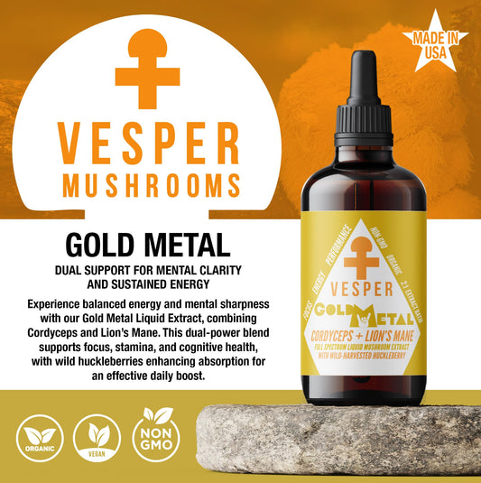 Vesper Gold Metal wild huckleberry infusion bottle highlighting natural antioxidants.