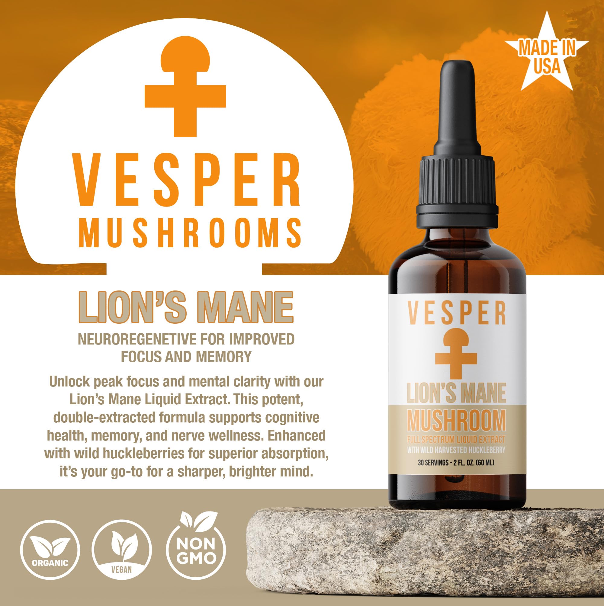 Vesper Lions Mane dropper pour for easy daily cognitive support.