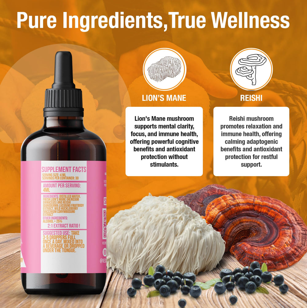 Vesper Pink Freud bottle dispensing emphasizes bioavailable Reishi and Lion's Mane