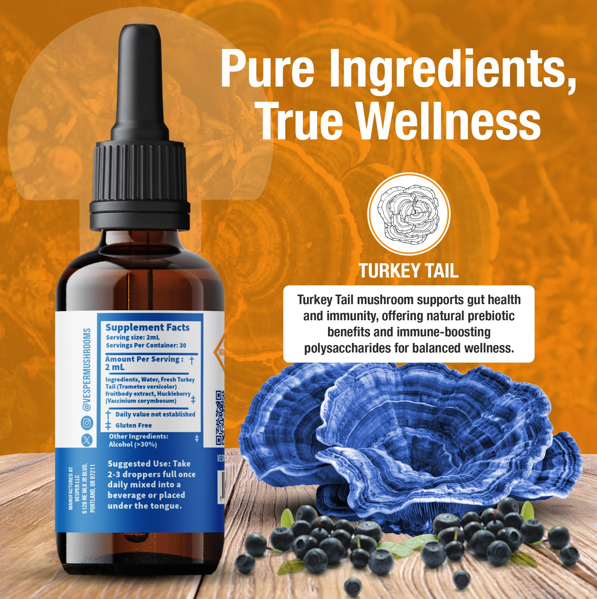 Vesper Turkey Tail liquid extract double-extraction highlighted for potency.