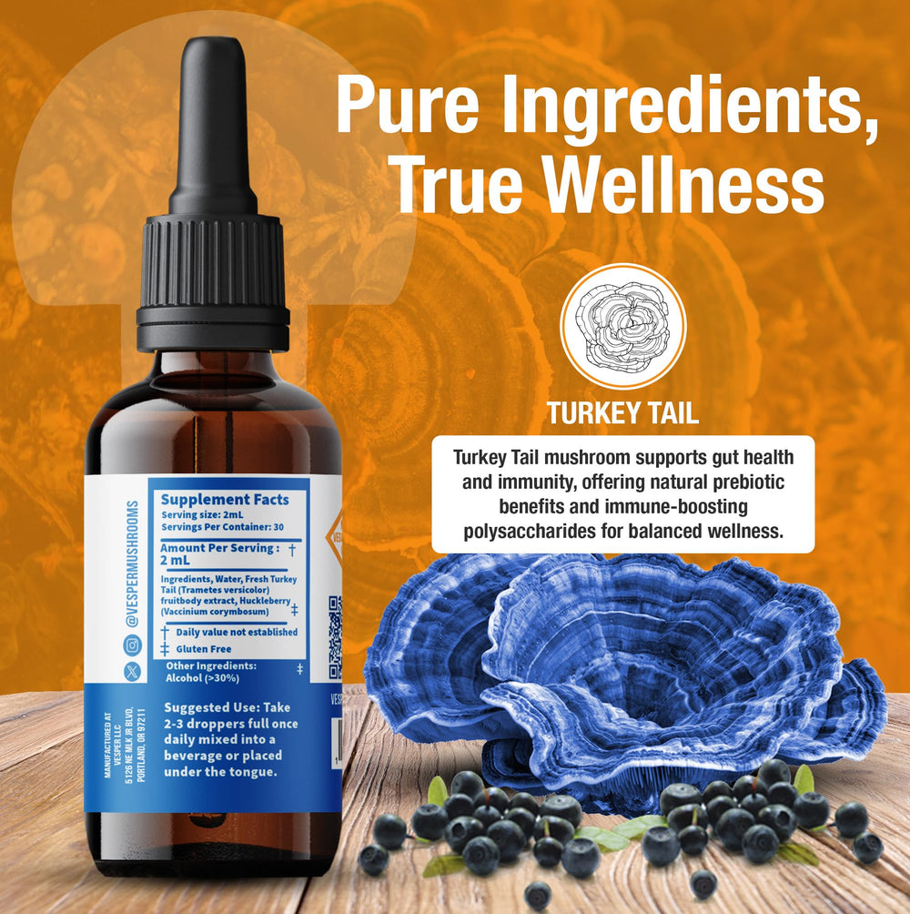 Vesper Turkey Tail liquid extract double-extraction highlighted for potency.