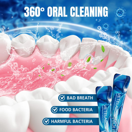 VeteLab mini mouthwash packets close-up showing compact design for pockets