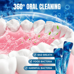 VeteLab mini mouthwash packets close-up showing compact design for pockets