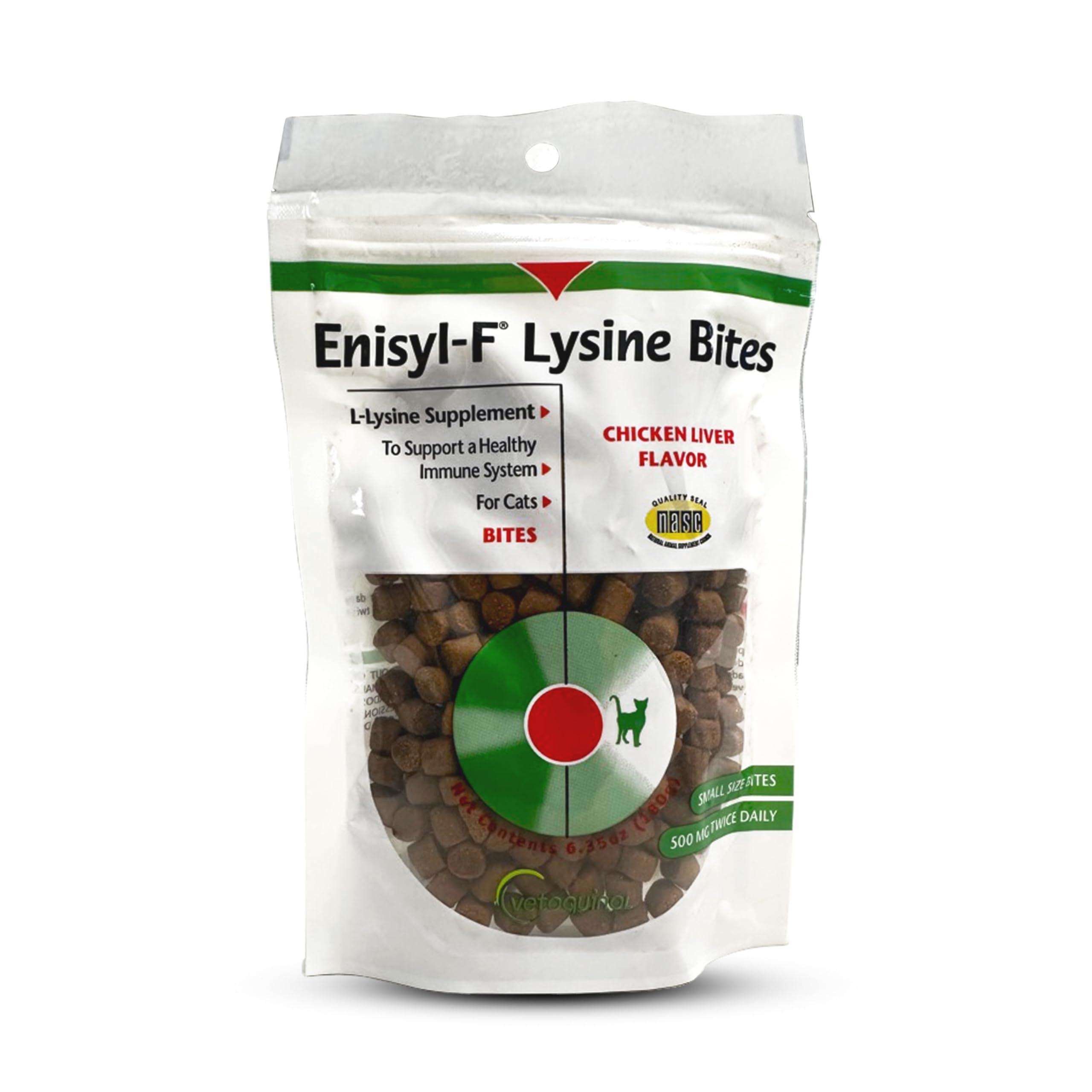 Vetoquinol Enisyl-F Lysine Bites bag front, chicken liver flavor for cats