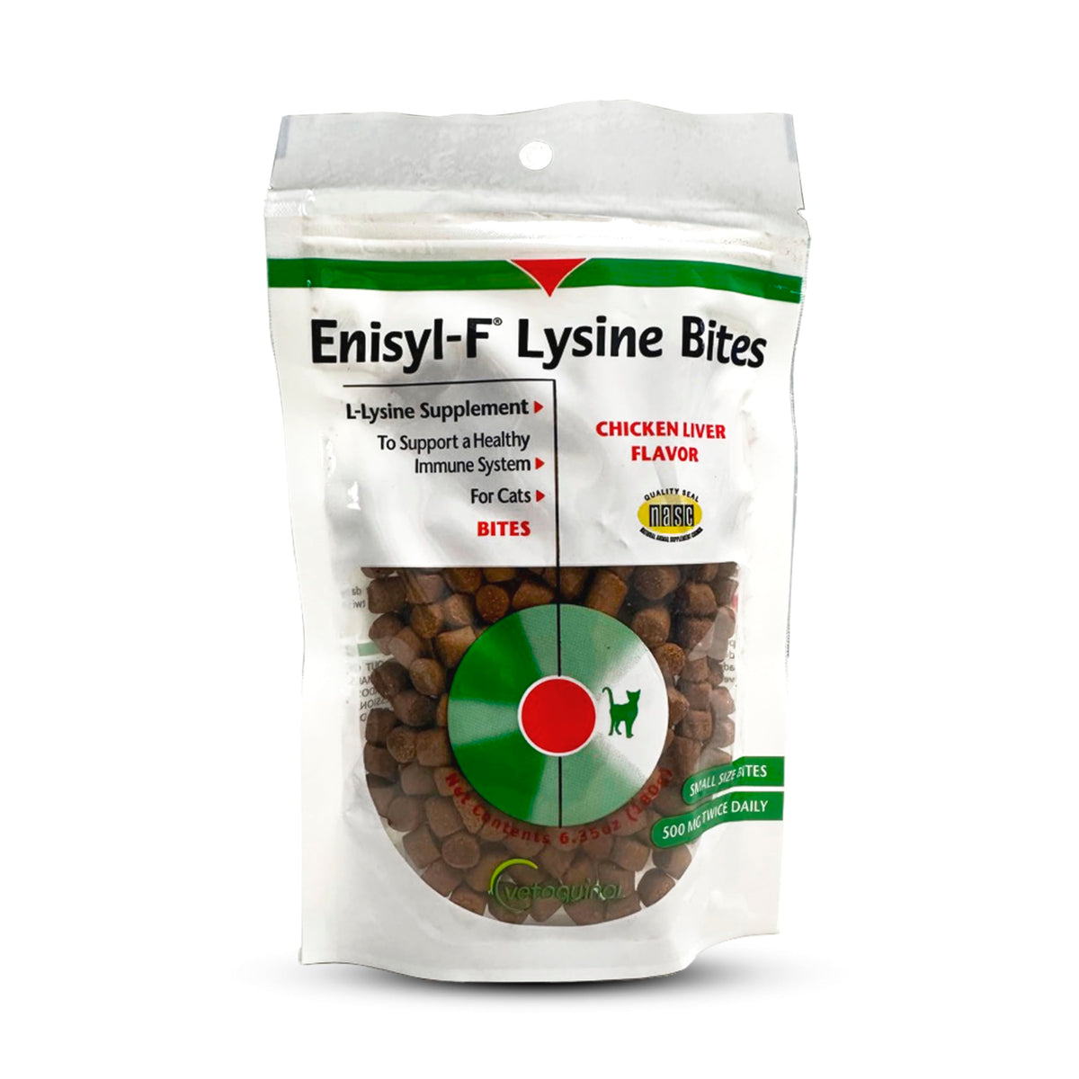 Vetoquinol Enisyl-F Lysine Bites bag front, chicken liver flavor for cats