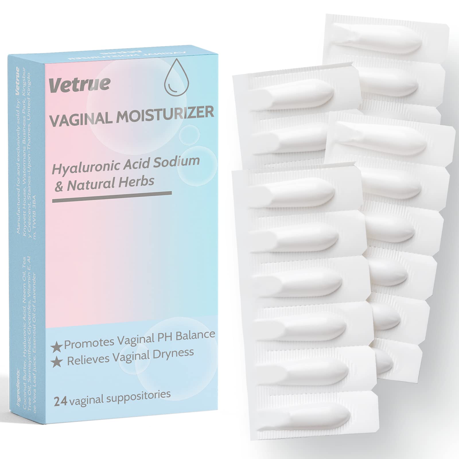 Vetrue vaginal moisturizer box front ready for overnight hydration