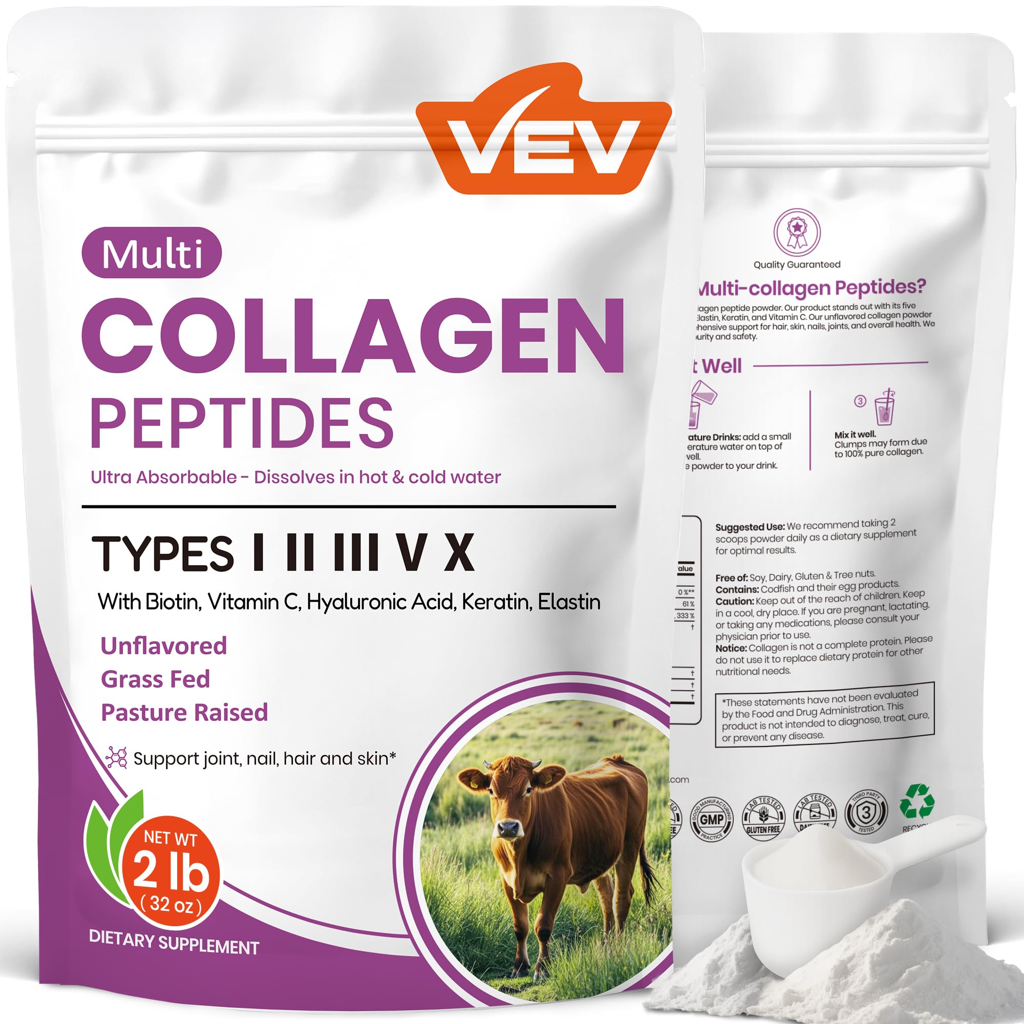 VEV Multi Collagen Powder bottle on shelf for easy daily mixing.