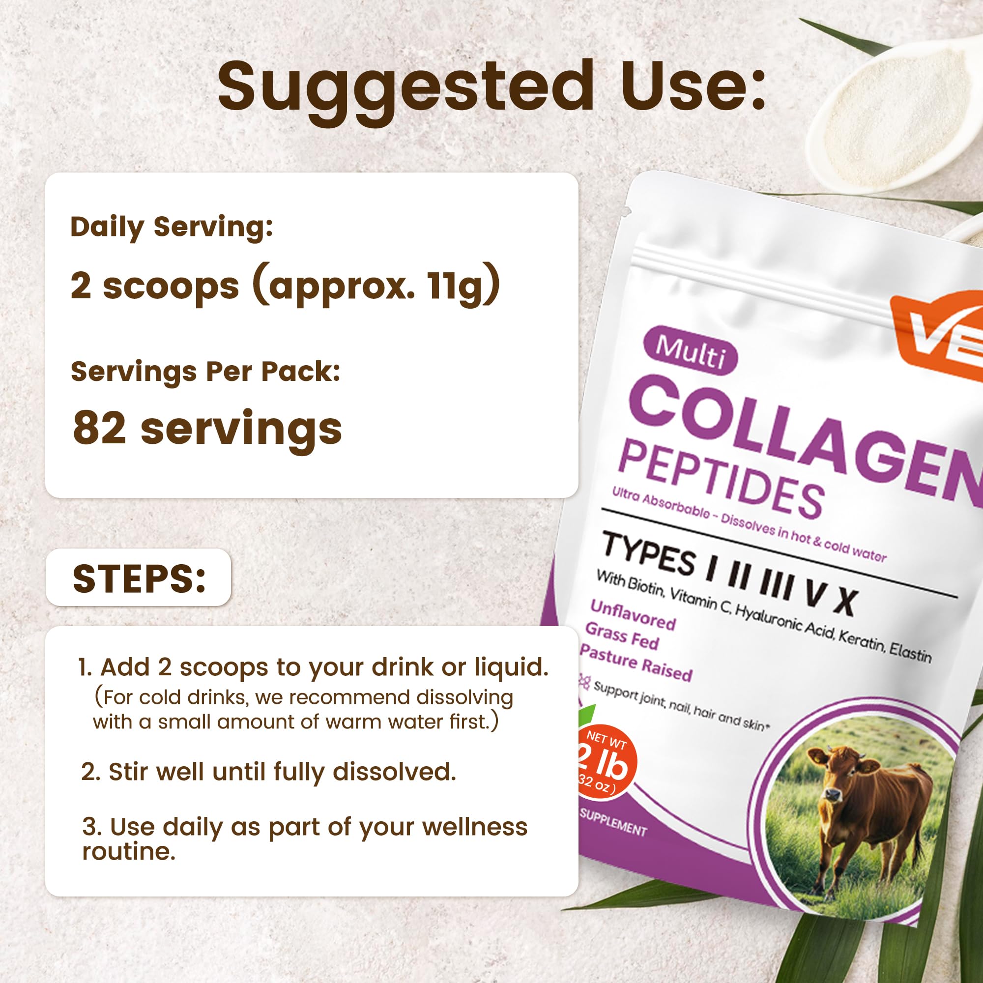 VEV collagen powder stirred into coffee for seamless morning use.