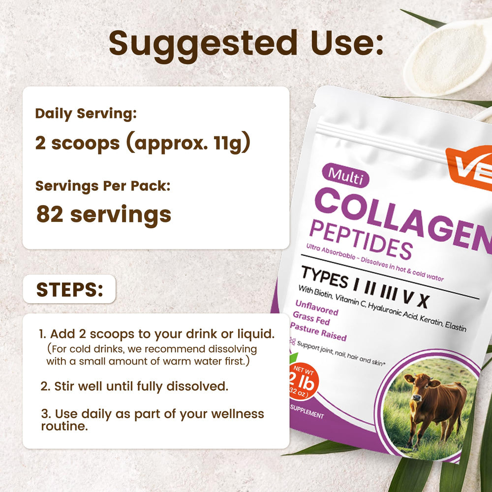 VEV collagen powder stirred into coffee for seamless morning use.
