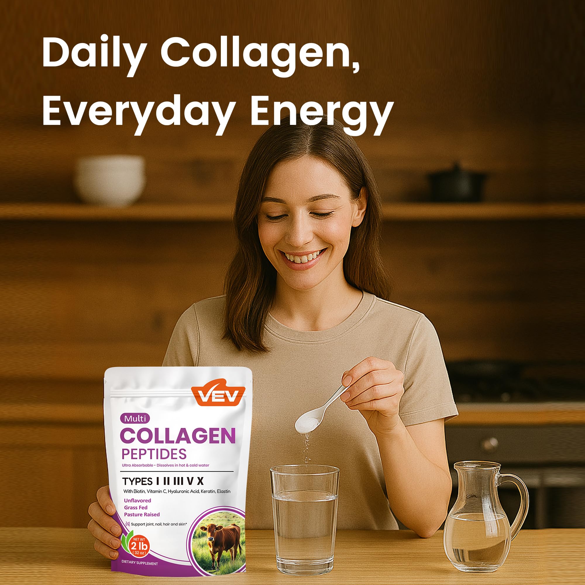 Hot tea with VEV collagen powder for a warm, convenient mix.