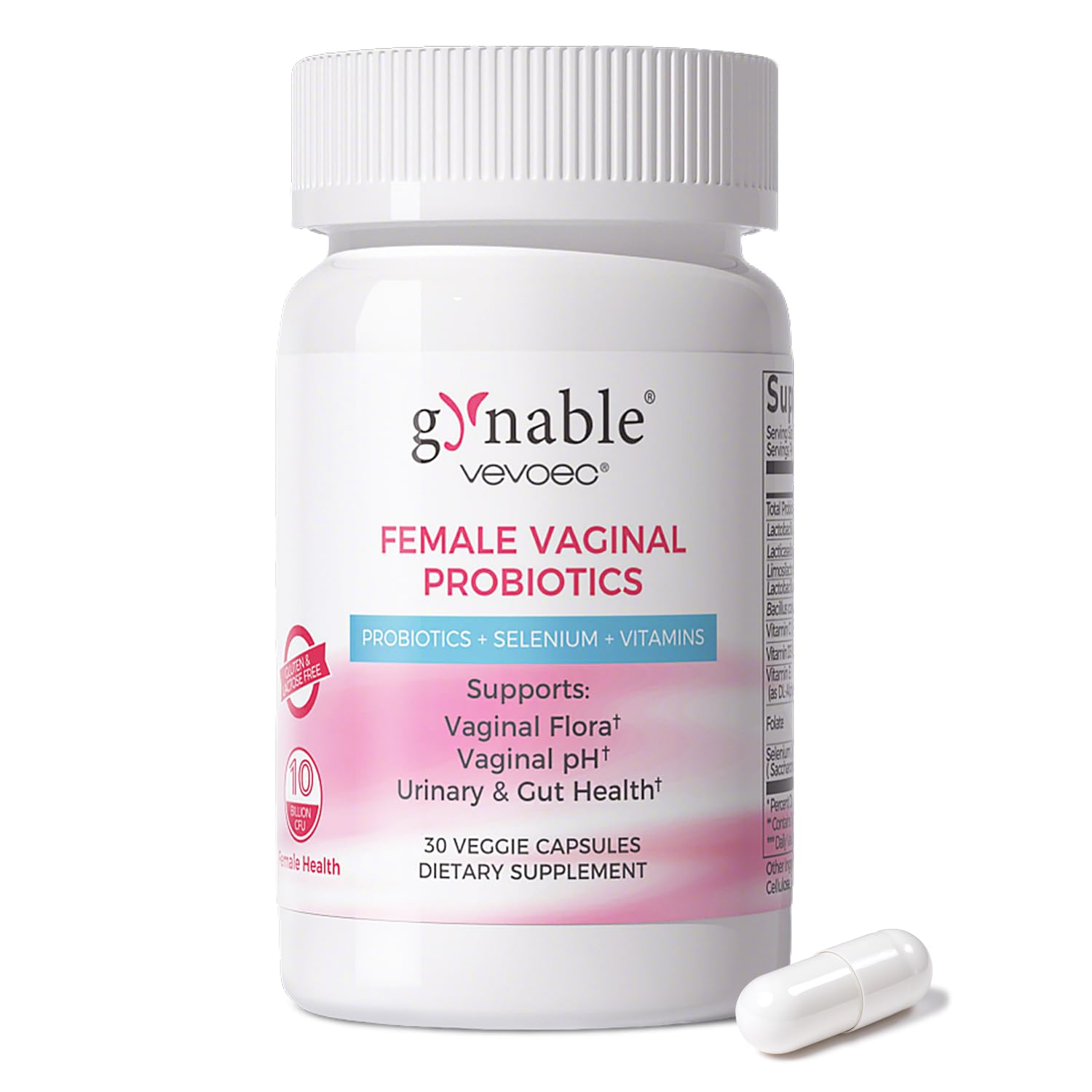 Vevoec Gynable bottle and blister pack for daily use.