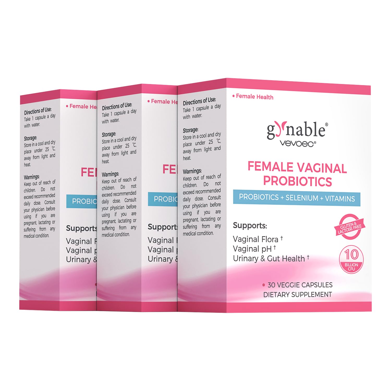 Vevoec Gynable bottle cap with capsules for vaginal balance.