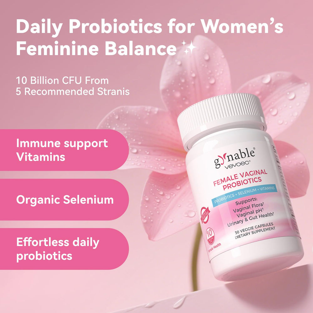 Vevoec Gynable capsules close-up showing 10B CFU and vitamins.
