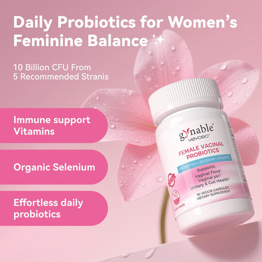 Vevoec Gynable capsules close-up showing 10B CFU and vitamins.