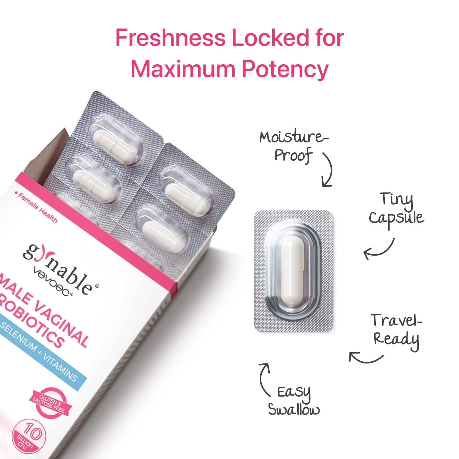 Vevoec Gynable label details strains and vitamins for wellness.