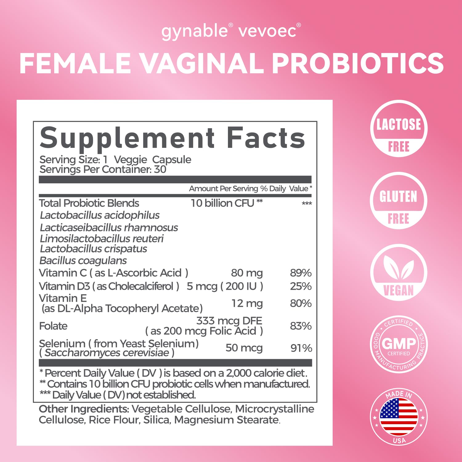 Vevoec Gynable label highlights gluten-free and dairy-free ingredients.