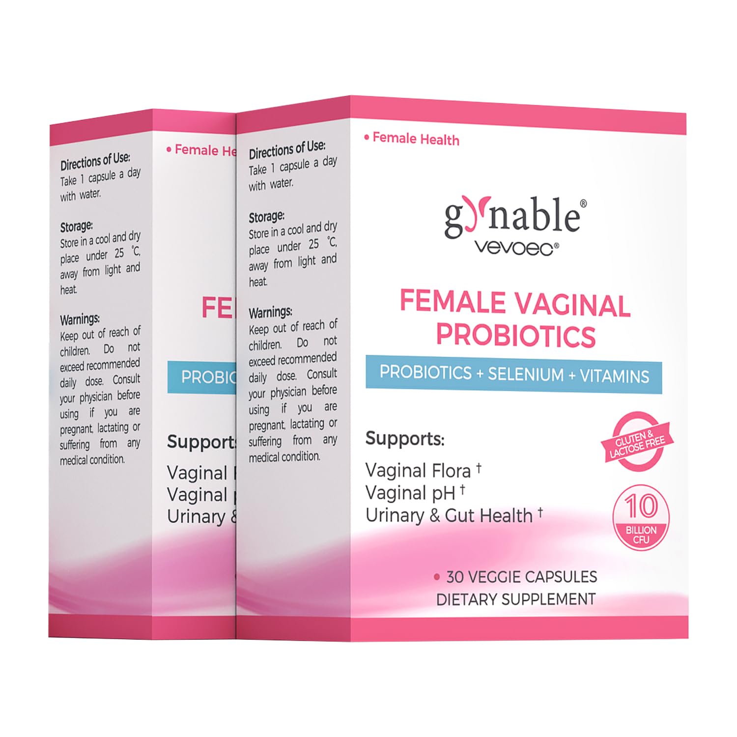 Vevoec Gynable bottle-front highlighting 10B CFU for daily balance