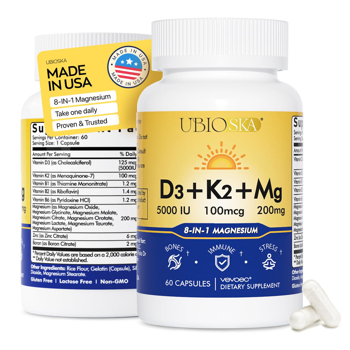 Vevoec UBIOSKA D3K2 Mg8 bottle-front for daily wellness and bone support.